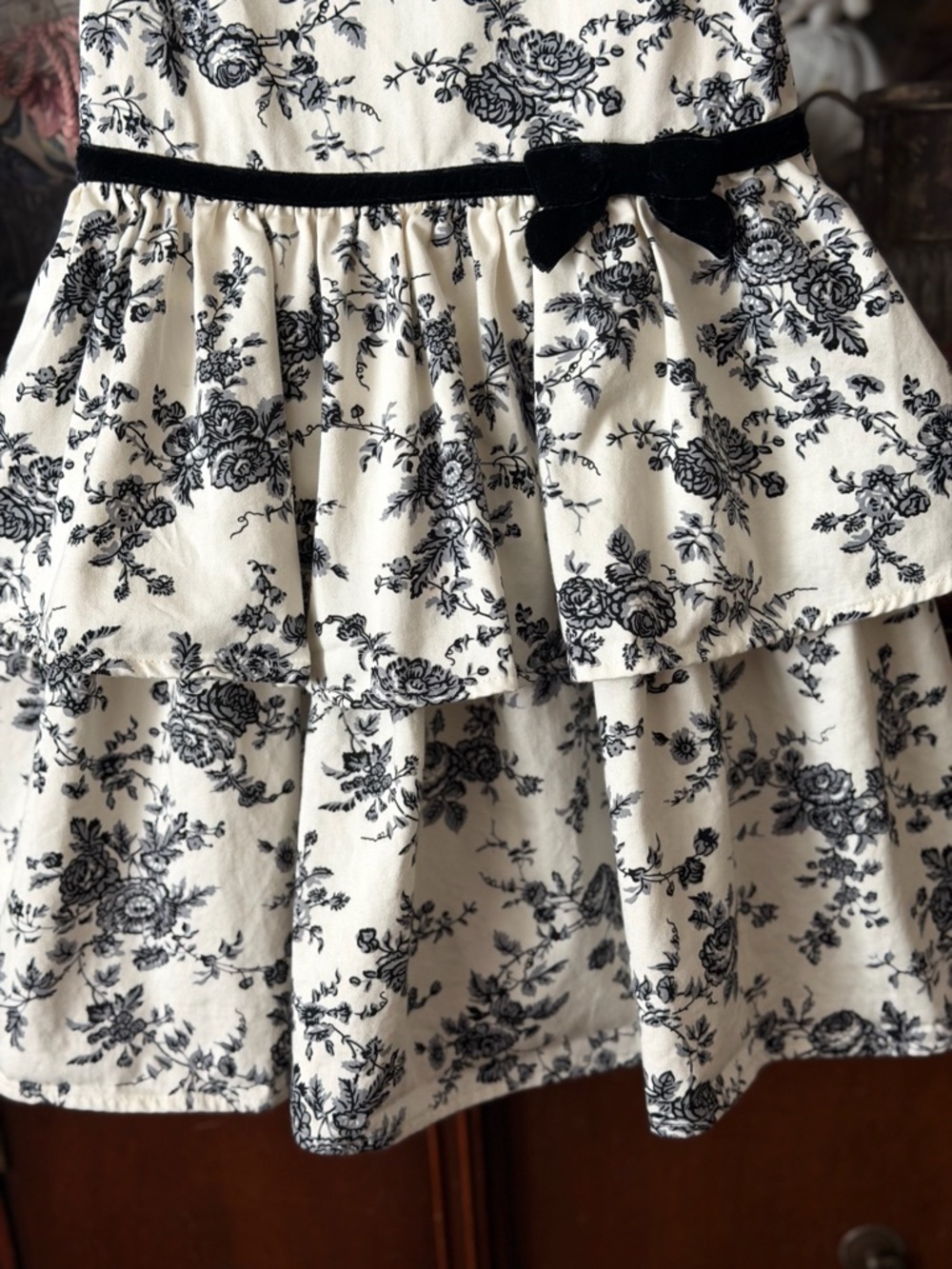 Janie and Jack Girls Cream and sugar Floral  toile Dress Black velvet Trim - Picture 7 of 11
